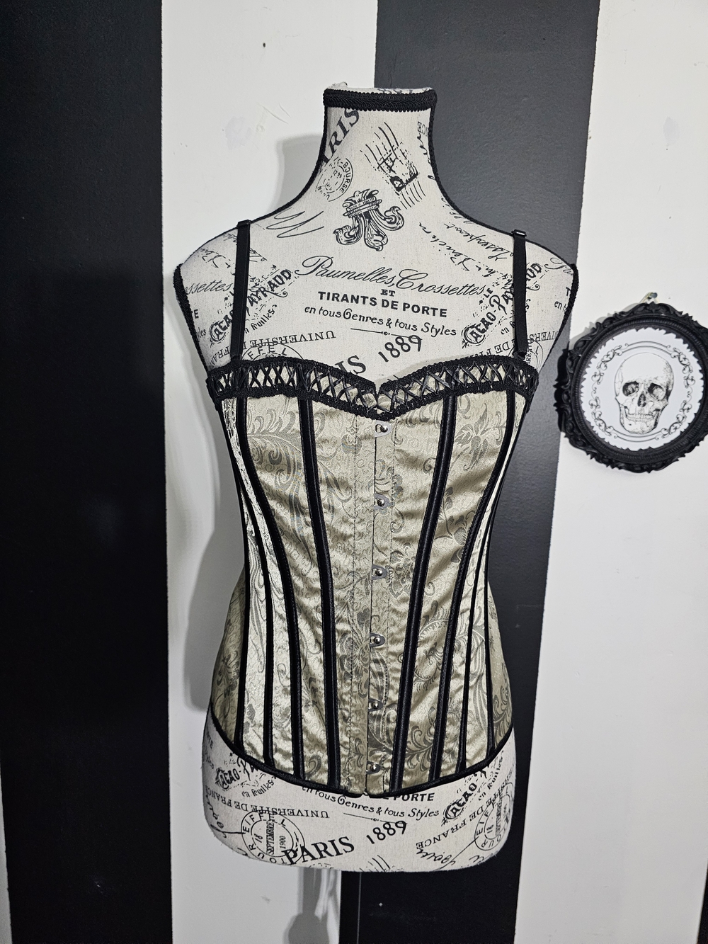 Vintage Cream Brocade Corset Top with Black Trim